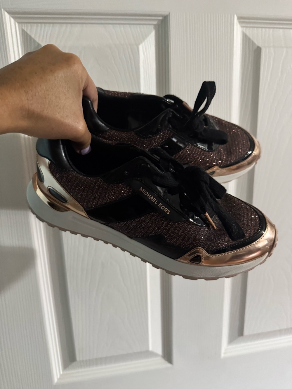 Michael Kors Metallic Rose Gold and Black Glitter Lace-Up Sneakers